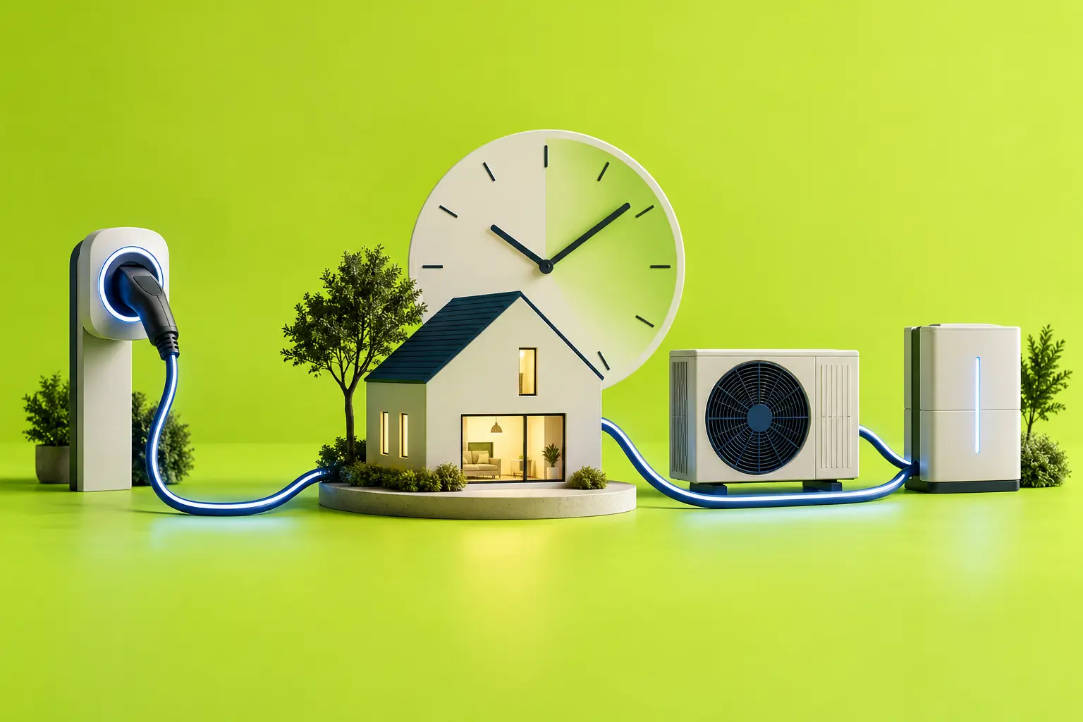 A connected home and smart energy technologies arranged around a clock