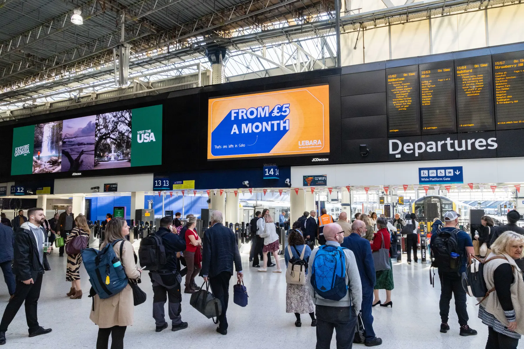 Waterloo station placement from Double W's Smarter Mobile Network campaign for Lebara, 2025.